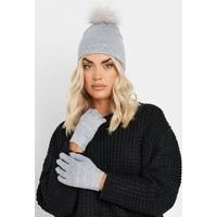 Grey Diamante Embellished Bobble Hat & Glove Set | Yours Clothing NL