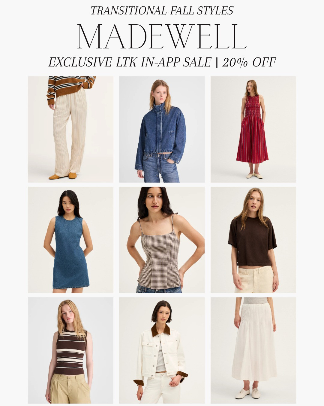 [8/14/26] code LTK20 | Madewell Exclusive In-App Sale | 20% off. Transitional fall styles that are perfect for your capsule wardrobe. 🤎

#LTKxMadewell #LTKootd #LTKSaleAlert