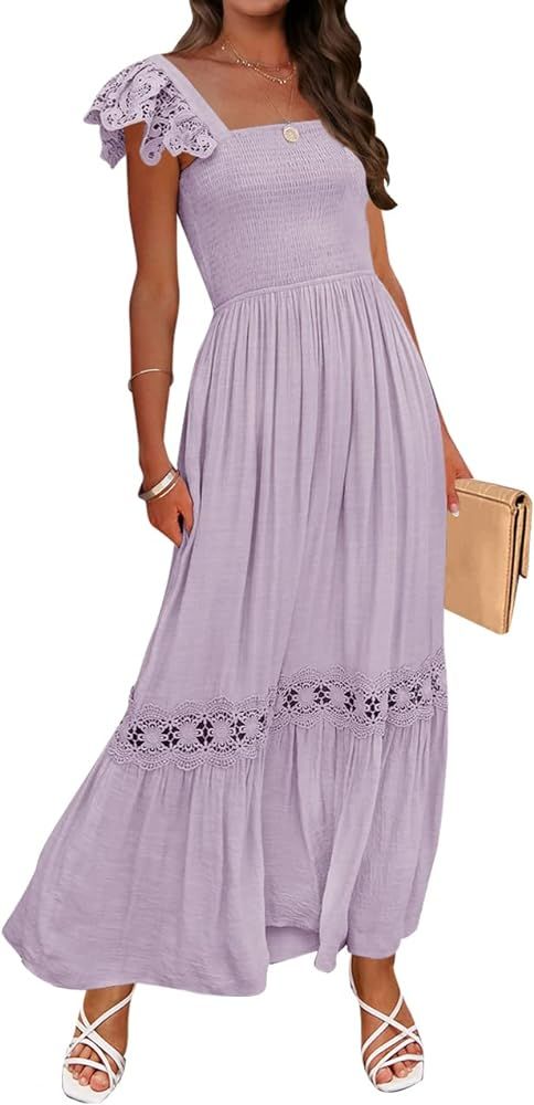 ZESICA Women's 2024 Summer Lace Strap Sleeveless Square Neck Smocked High Waist Ruffle Hollow Out... | Amazon (US)