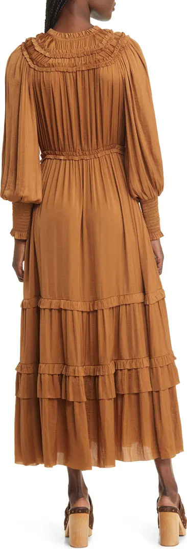 Long Sleeve Crinkle Satin Tiered Maxi Dress | Nordstrom