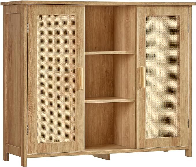 Iwell Storage Cabinet, Rattan Cabinet with 4 Adjustable Shelves, Bathroom Floor Cabinet, Sideboar... | Amazon (US)
