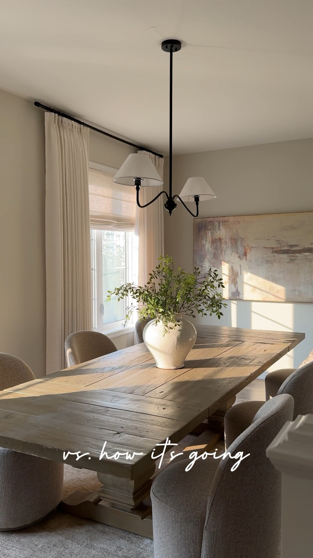 how it started vs. how it’s going ✨simple updates completely transformed this dining room - from layering roman shades under pinch pleat curtains for a tailored and custom look, to a modern chandelier, upholstered dining chairs and a large textured area rug.. the space instantly feels elevated and refreshed with a little help from @wayfair’s wide selection of dining furniture and decor. #Wayfair #WayfairPartner