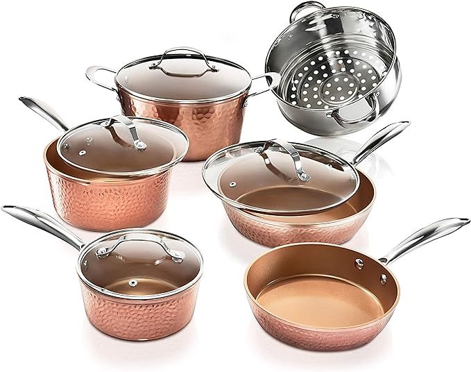 Gotham Steel Hammered Collection Pots and Pans 10 Piece Premium Ceramic Cookware Set – with Tri... | Amazon (US)