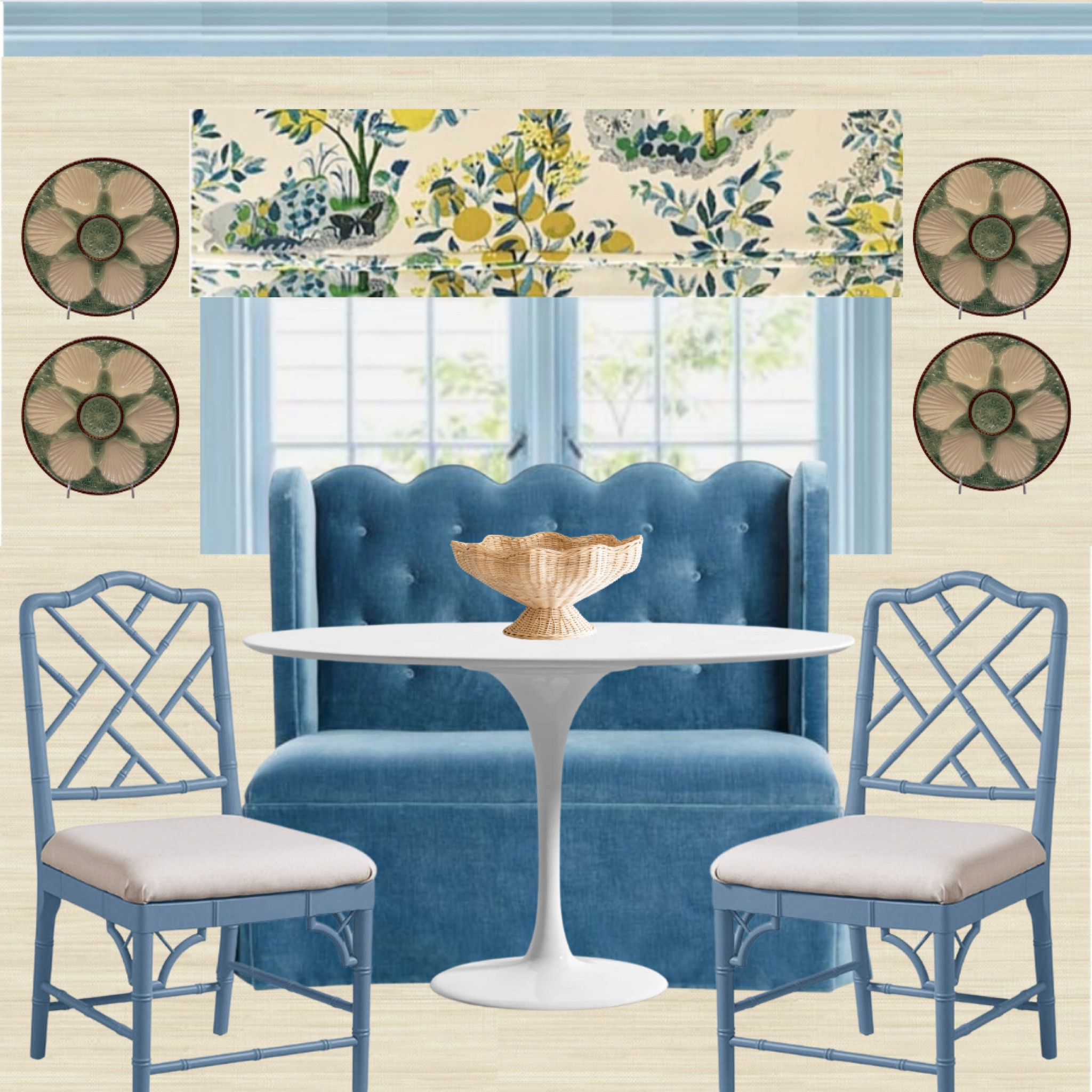 Breakfast nook // roman shade // Citrus Garden Schumacher // oval tulip table // Chinese Chippendale chairs // scalloped velvet banquette // kitchen banquette // majolica oyster plates // faux grasscloth wallpaper // Society Social // scalloped wicker fruit bowl

#LTKFind #LTKhome