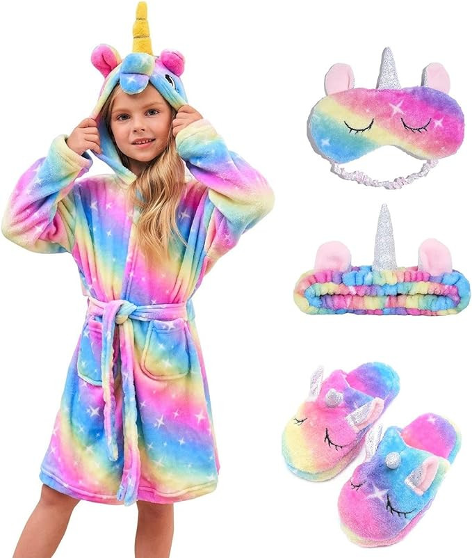 Soft Unicorn Hooded Robe with Matching Slippers Headband and Blindfold for Girls | Amazon (US)