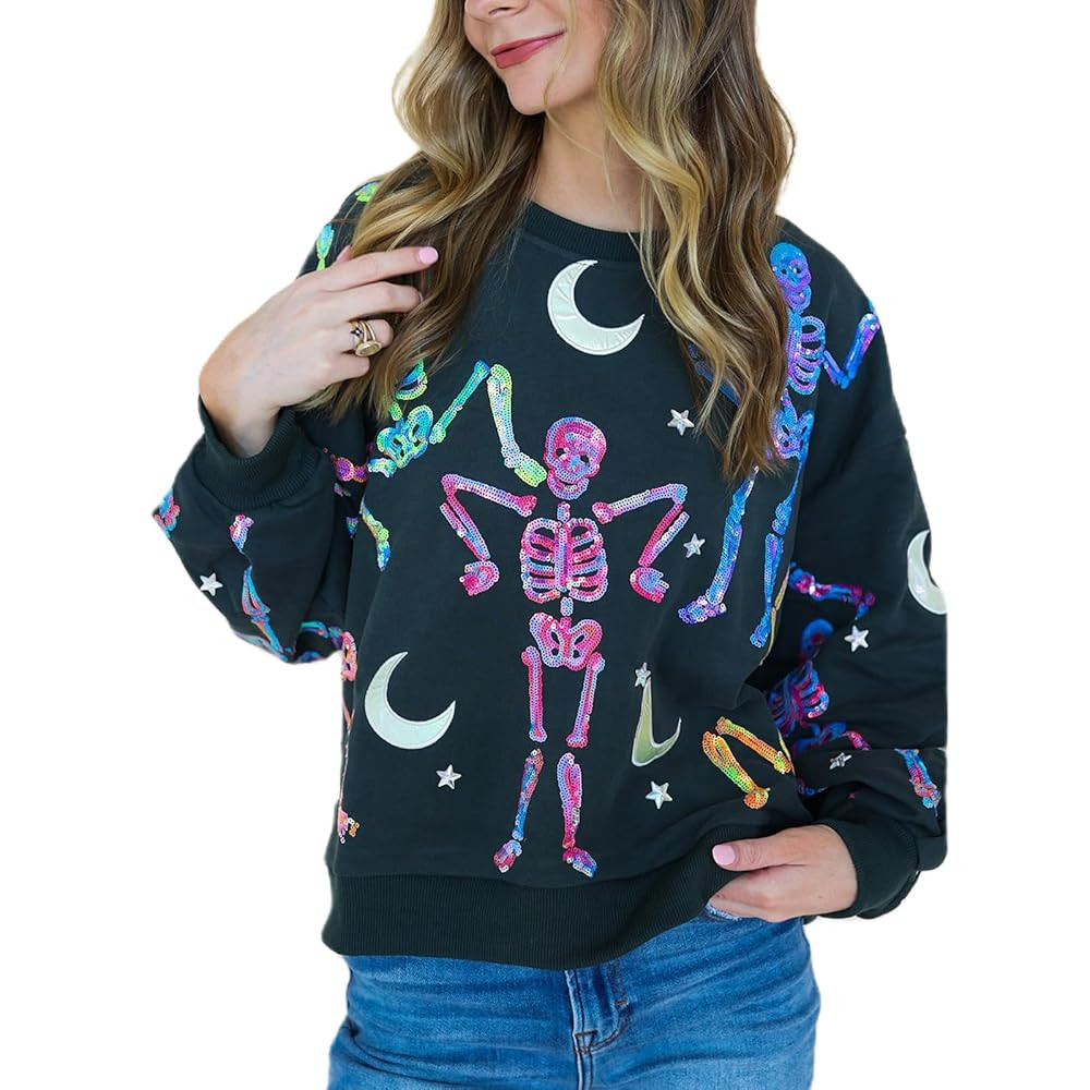 KOSUSANILL Sequin Halloween Sweatshirt for Women Sparkly Dancing Skeleton Spooky Season Ghost Cre... | Amazon (US)