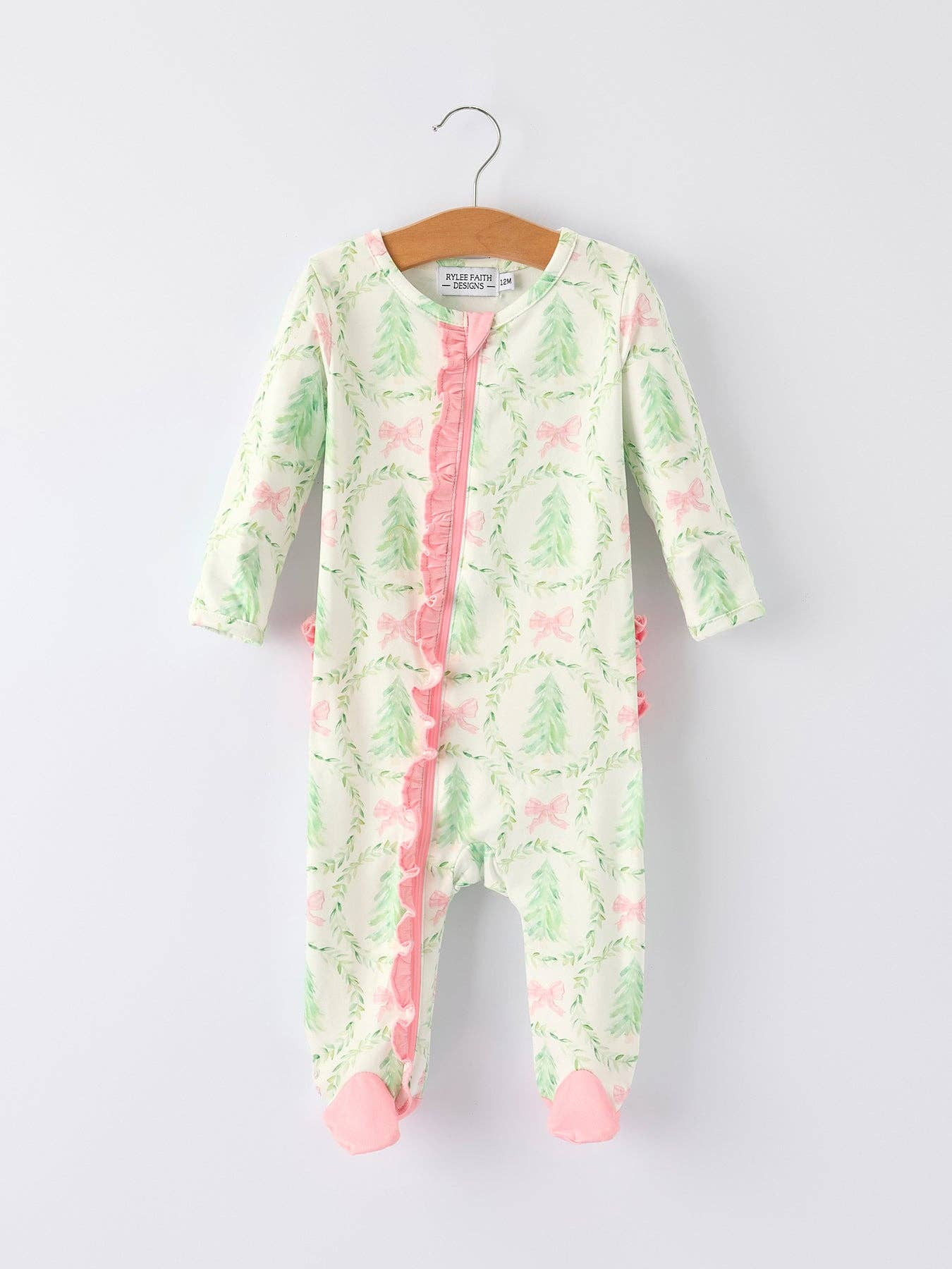 Christmas Tree Wreath Print Long Sleeve Zip Baby Girls Romper | Persnickety