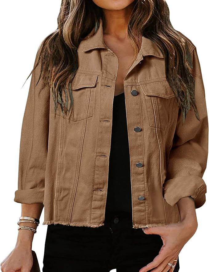 LONGBIDA Women's Jean Jacket Frayed Washed Button Up Cropped Denim Jacket With Pockets | Amazon (US)