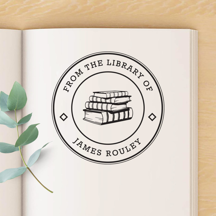 Stack Of Books Custom Name Book Stamp, Round Self Inking Book Stamp | Minted
