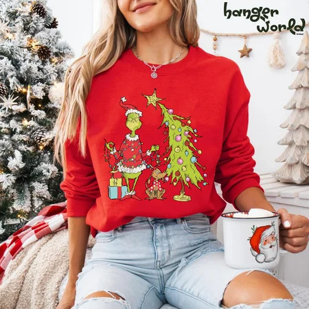 Grinch Christmas Sweatshirt | Whimsical Grinch Tree Holiday Sweater | Merry Grinchmas Shirt | Festive Christmas Shirt Gift | Walmart (US)