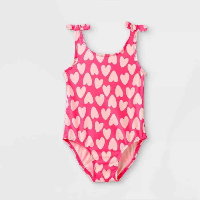 Toddler Girls' Heart Print One Piece Swimsuit - Cat & Jack™ Neon Pink | Target