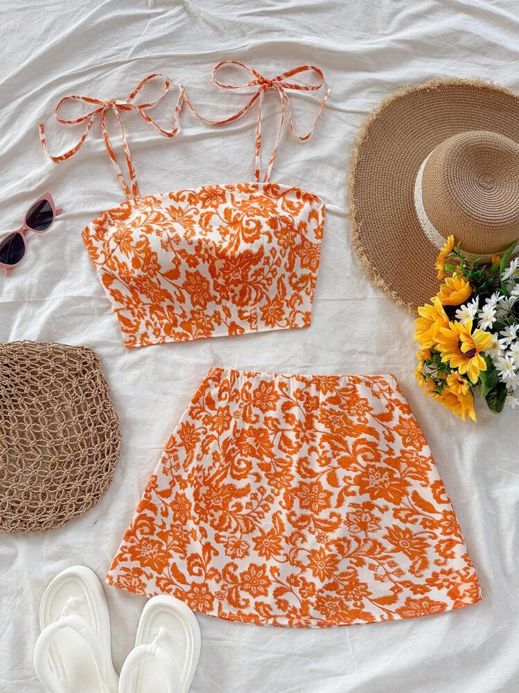 Soleia 2pcs/Set Women Floral Print Camisole Top And Mini Skirt Suit, Perfect For Vacation | SHEIN