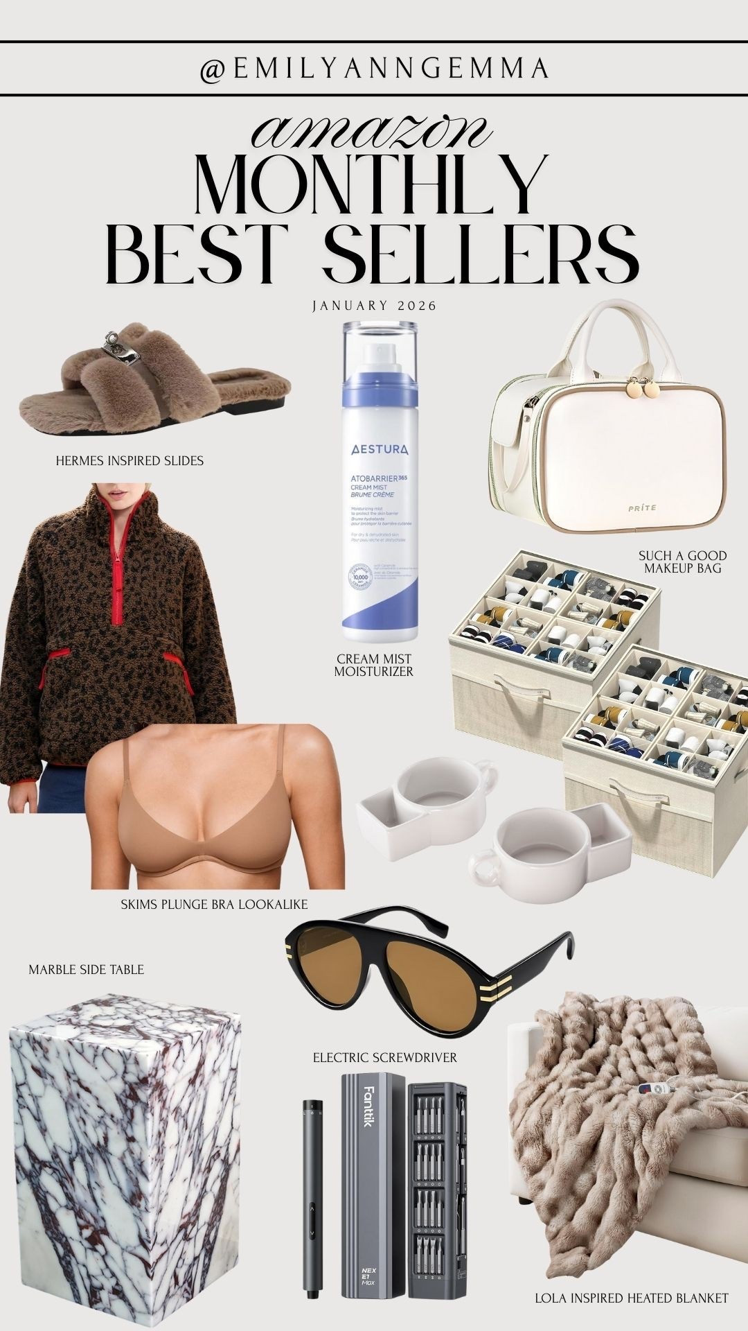 Amazon top sellers for January 2026! 

Hermes slides, Makeup bag, Cream mist moisturizer, Sunglasses, Leopard fleece, Skims plunge bras, Plunge bra lookalikes, Shoe organizer, Marble side table, Lola blanket, Heated Blanket, Soup Bowl, Emily Ann Gemma

#LTKSaleAlert #LTKSeasonal #LTKTravel
