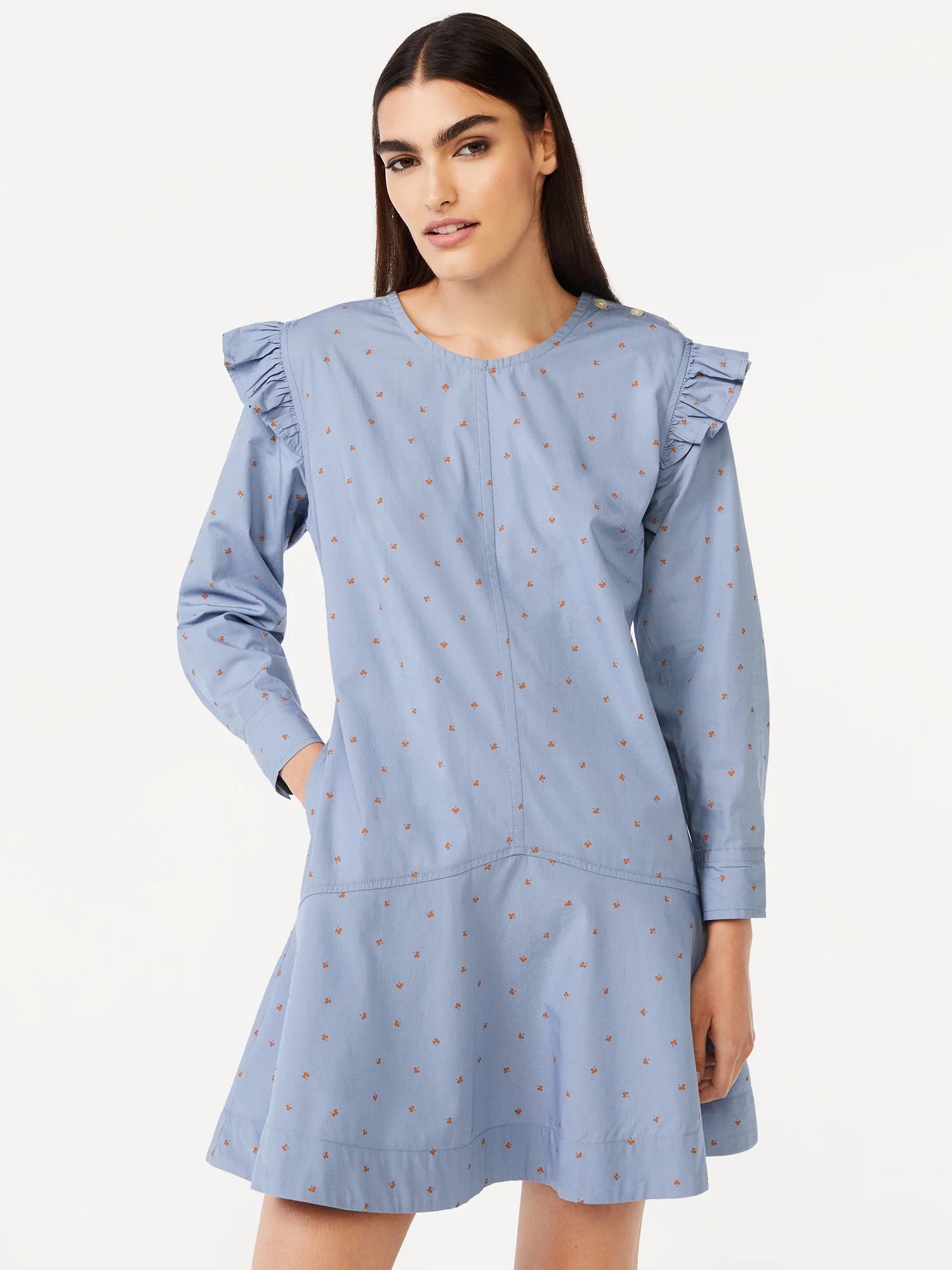 Free Assembly Women's Button Shoulder Mini Dress with Long Sleeves - Walmart.com | Walmart (US)