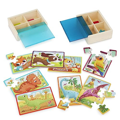 B. toys- Pack o' Puzzles 2-Pack - Pets & Dinos- Wooden Puzzle Box Set – 2 Puzzle Boxes, 8 Puzzles- 12-Piece Jigsaw Puzzles for Kids – 3 Years + | Amazon (US)