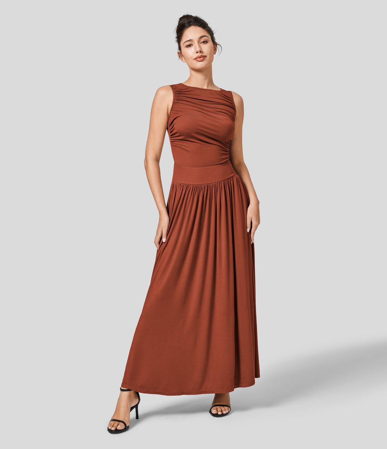 Women’s Ribbed Boat Neck Asymmetric Strap Ruched Side Pocket Flowy Maxi Casual Dress - Halara | HALARA