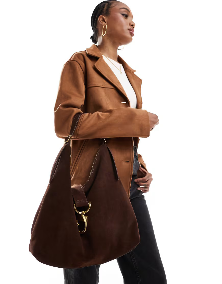 ASOS DESIGN suede clip hardware tote bag in chocolate-Brown | ASOS (Global)