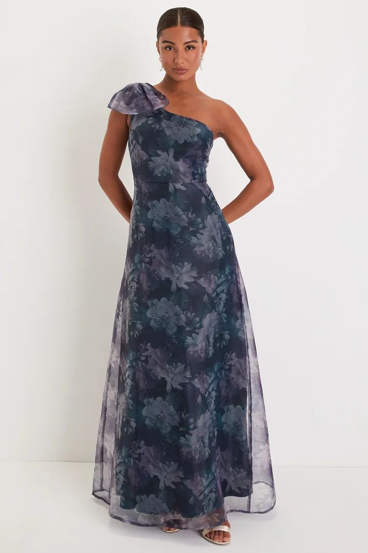 Beyond Fabulous Blue Floral Organza One-Shoulder Maxi Dress | Lulus