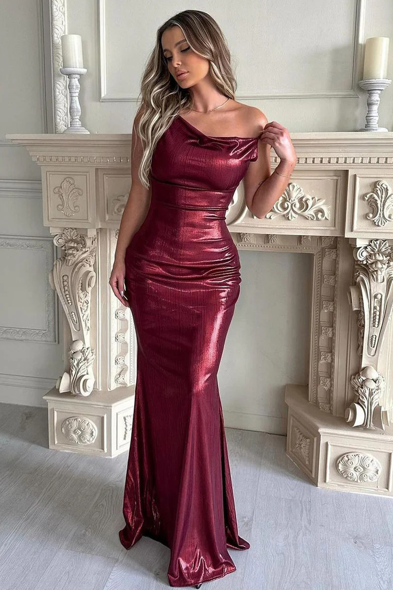 Galaxy Shimmer | Burgundy Bias Cut Cowl Front Maxi Dress | Club L London