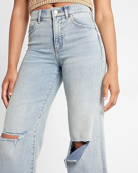High Waisted Light Wash Ripped Wide Leg Jeans | Express