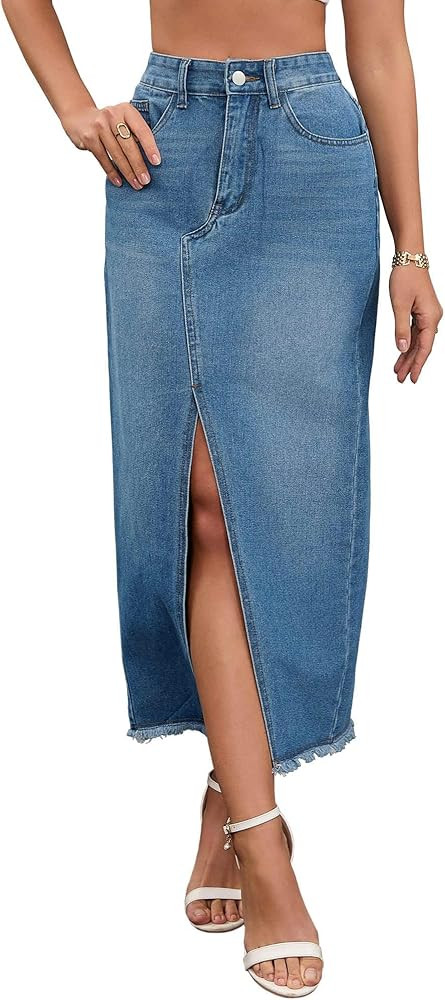 Women's Denim Skirt High Waist Split Front Raw Hem Washed Maxi Jean Skirts | Amazon (US)