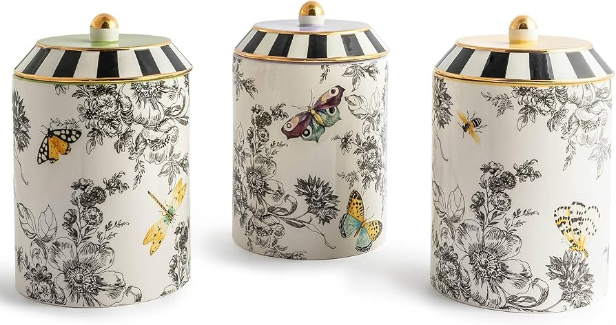 MACKENZIE-CHILDS Set of 3 Ceramic Canisters, Lidded Kitchen Canister Set, Butterfly Toile | Amazon (US)