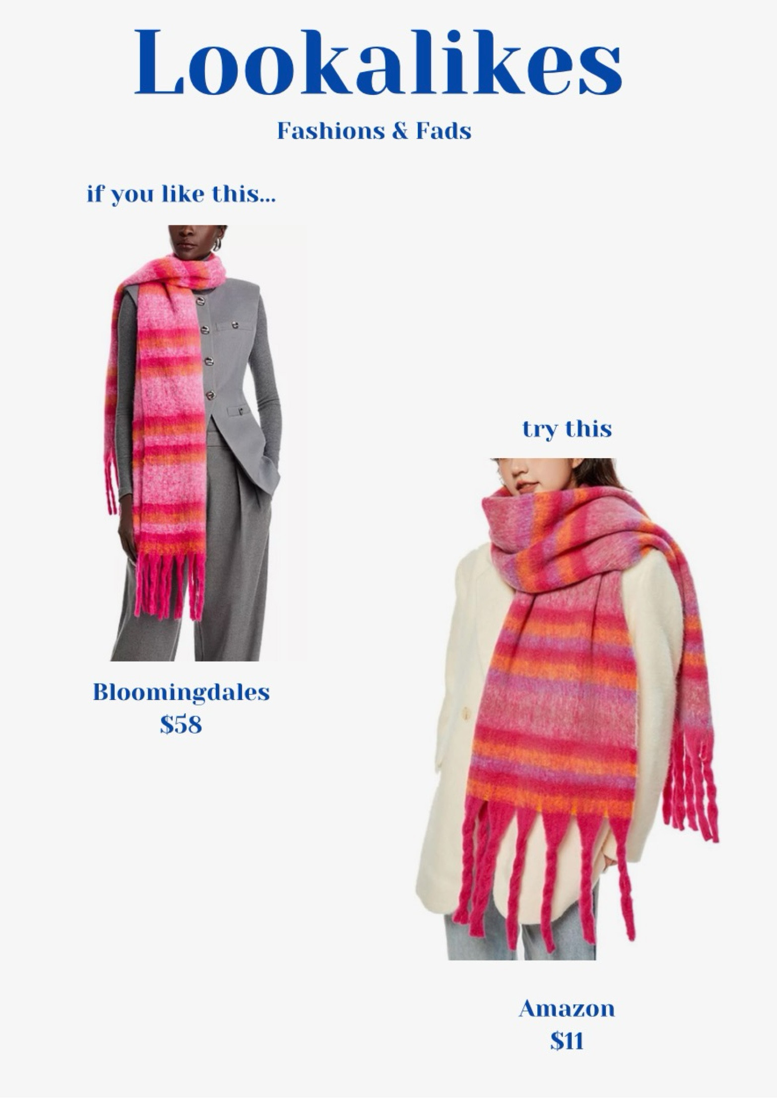 More affordable version of this adorable scarf



Bloomingdale’s
Striped scarf
Tassel scarf
Pink scarf
Orange scarf
Red scarf
Colorful scarf
Printed scarf
Aqua
Amazon lookalike
Amazon dupe

#LTKFindsUnder50 #LTKStyleTip