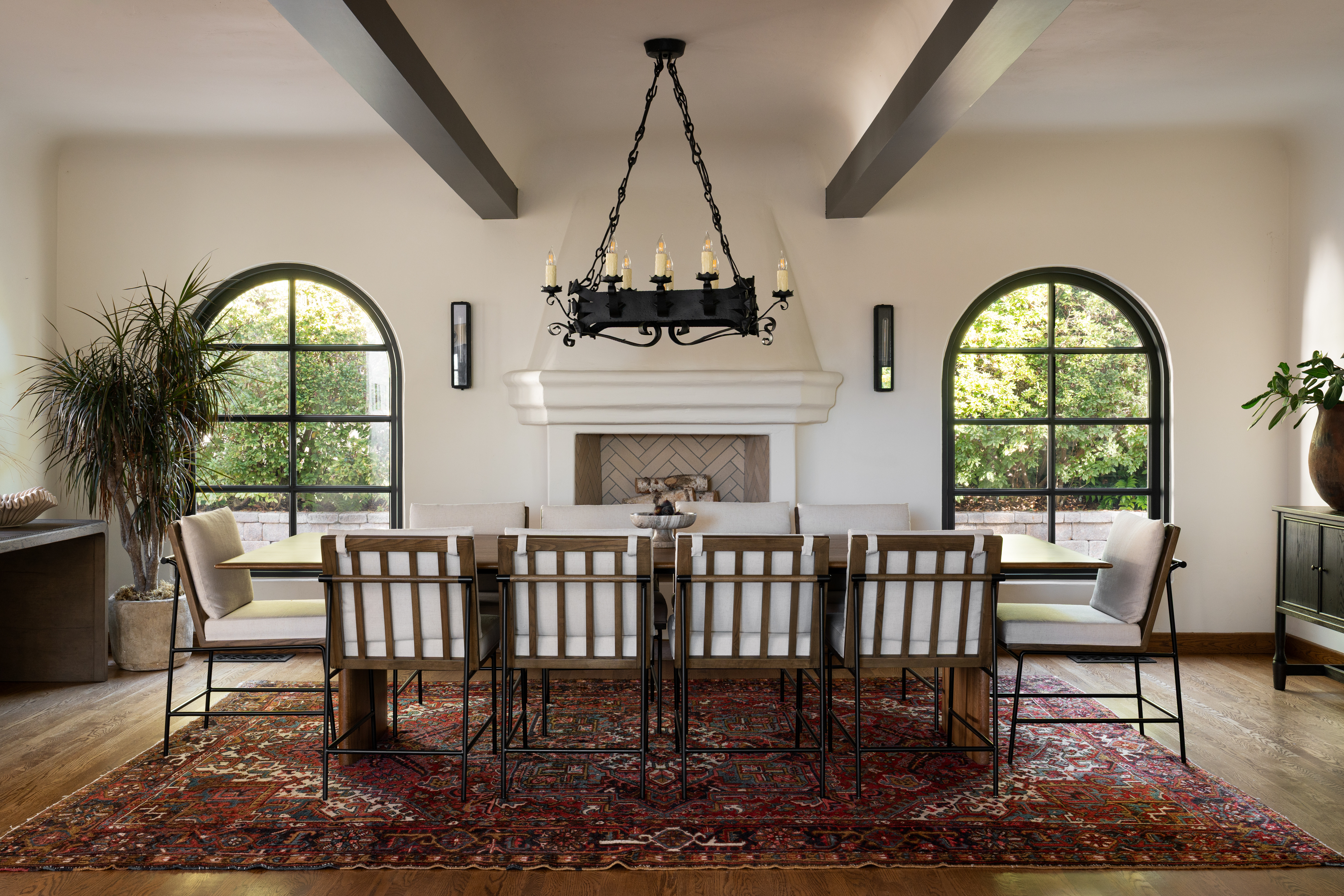 dining room decor, dining room style, spanish revival home style, vintage rug, modern organic home, dining table, dining chairs, sideboard, wood console, limestone planter, marble bowl, candle sticks, iron taper holders 

 #LTKHome