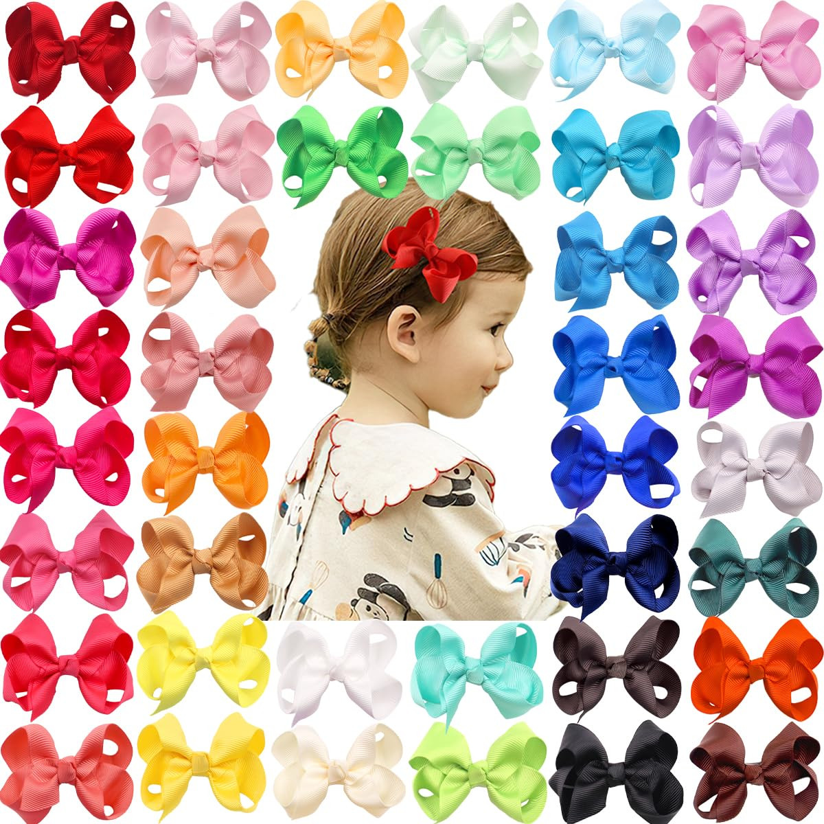 CÉLLOT 40 Pieces 3 Inch Hair Bows for Girls Clips Grosgrain Ribbon Boutique Hair Bow Alligator C... | Amazon (US)