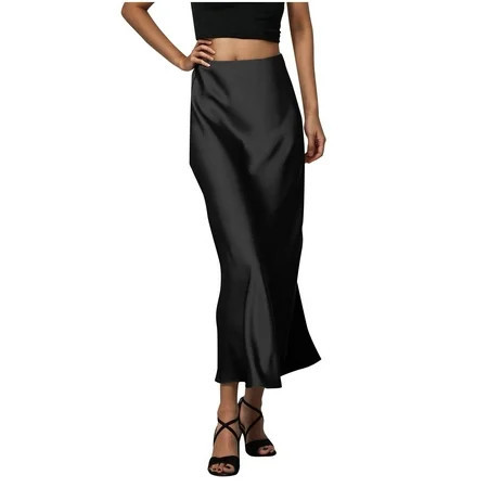 Women Silky Satin Maxi Skirt High Waist Elastic Elegant A Line Midi Skirts for Wedding Cocktail Party Flowy Fall Long Skirts | Walmart (US)