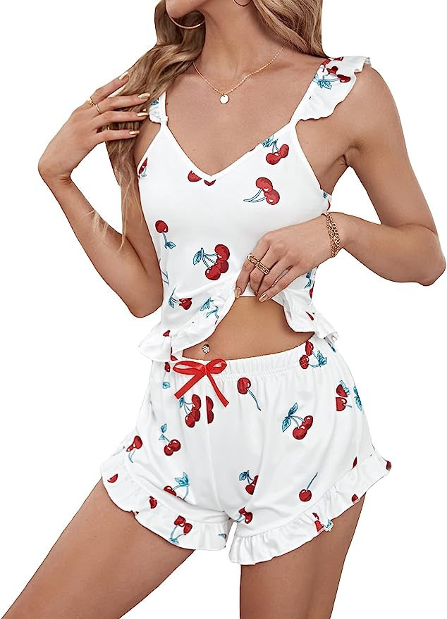 OYOANGLE Women's Satin Silk Mesh Lace Deep V Neck Sleepwear Cami Top and Shorts 2 Piece Pajamas S... | Amazon (US)