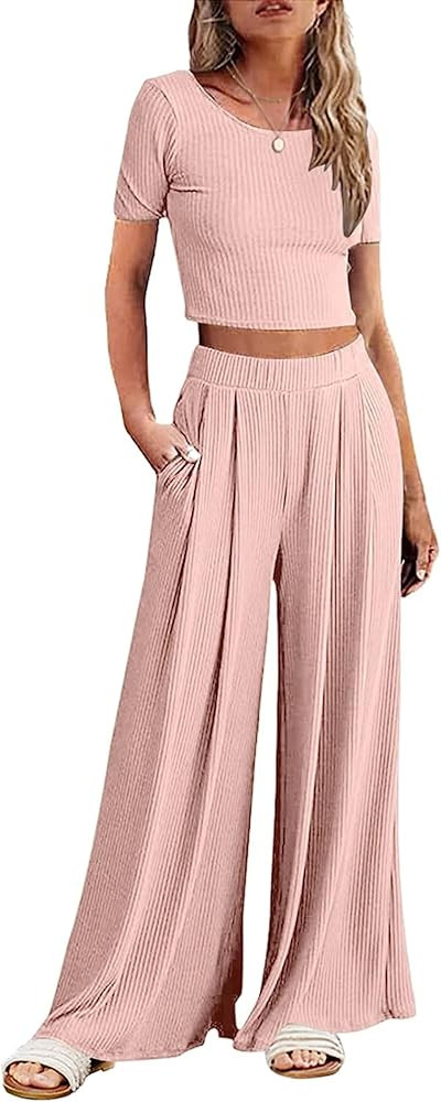 Ekouaer Women's 2 Piece Lounge Sets Short Sleeve Pajama Set Ribbed Knit Crop Top Wide Leg Pants L... | Amazon (US)