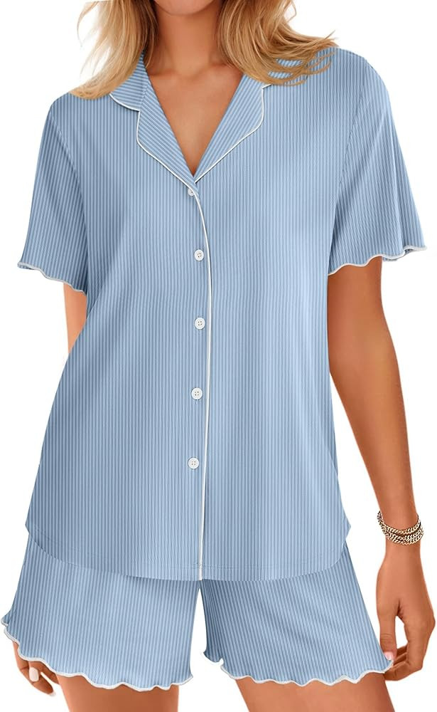Ekouaer Button Up Pajamas Set for Women Short Sleeve Ribbed Knit Sleepwear 2 Piece Pjs Shorts Set | Amazon (US)