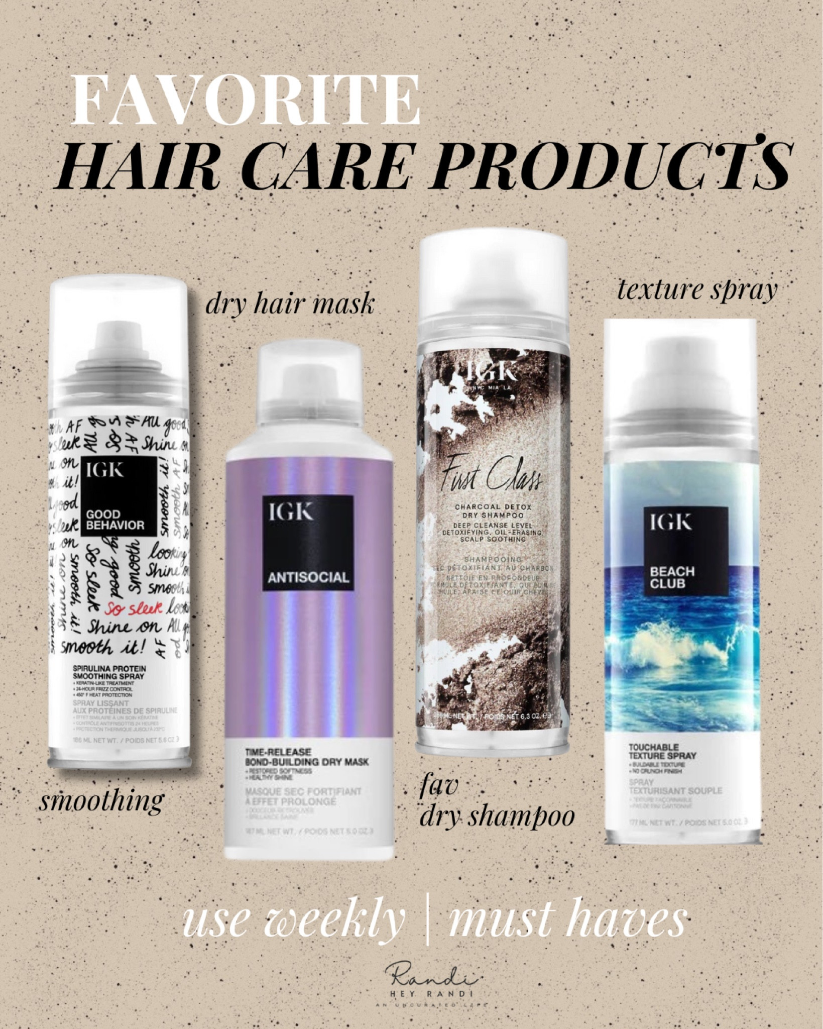 Memorial Day blowout sale on iGK Hair products. Use code THEBIG20 to save 20% off!

My favorites are the dry shampoo it truly cleans your hair! I put it on before bed every night to extend my blowout and extensions. 

Tip: If you don’t like olaplex and its too heavy for your hair I suggest and love using the IGK antisocial its a dry spray bonding hair mask! So you can spray it on and go! 

The texture spray is great for that added umph for thinner hair when you need volume and style + the smoothing treatment is chef kiss!!