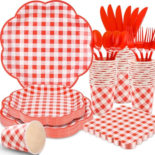 175 Pcs Red Gingham Plates and Napkins Party Supplies - Red and White Checkered Plates Sets Serve 25 Guests - Disposable Red Gingham Paper Plates for Birthday Picnic BBQ Mother's Day Party Decorations | Amazon (US)