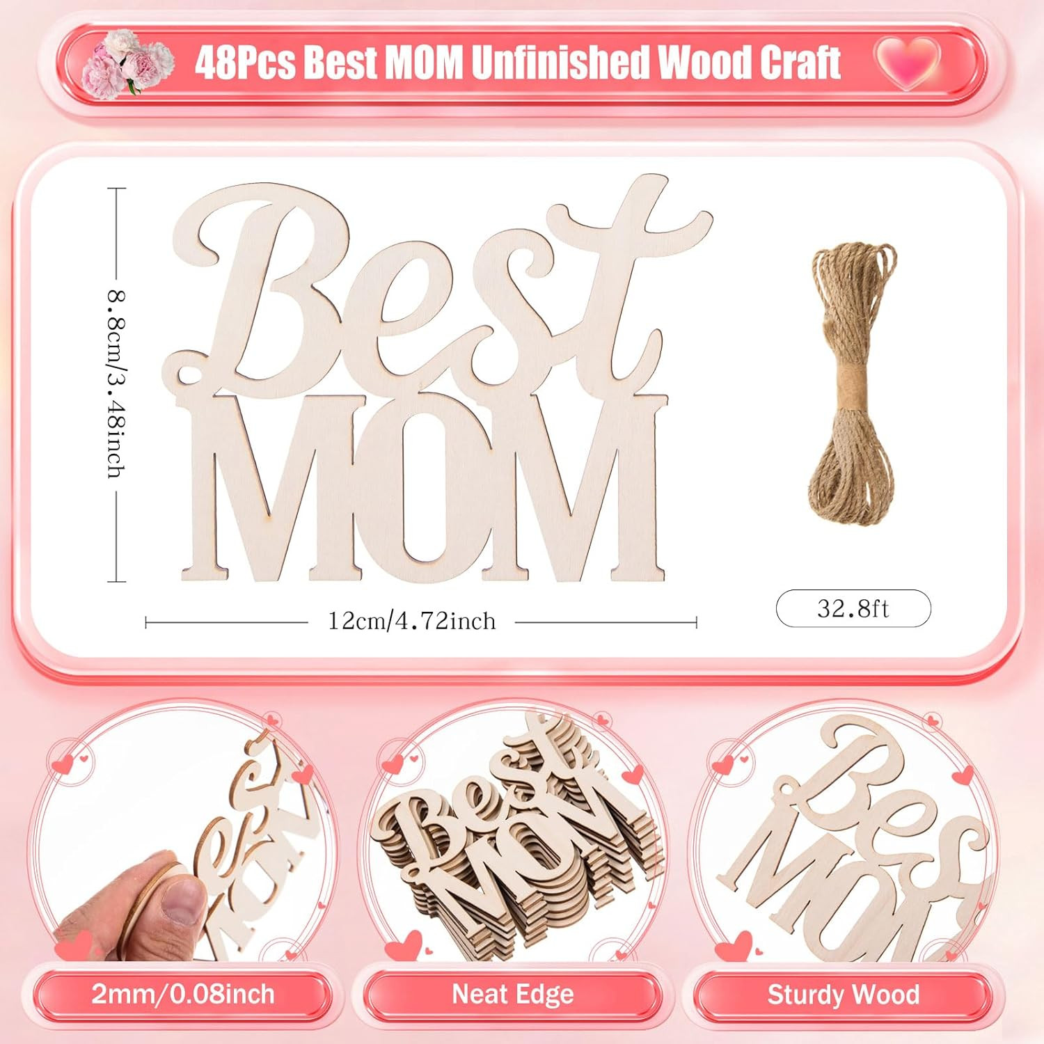 MoDooris 48Pcs Mother's Day Unfinished Wood Crafts Best MOM Cutouts Mothers Day Unfinished Blank ... | Amazon (US)