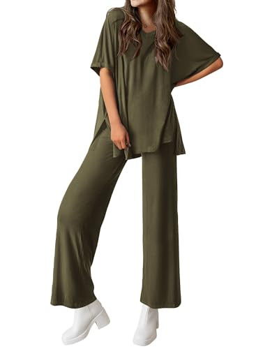 dowerme Women's Two Piece Outfits Summer Short Sleeve Pullover Top Wide Leg Palazzo Pants Matchin... | Amazon (US)