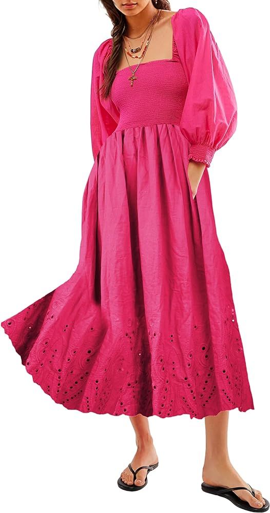 Women Casual Eyelet Embroidered Summer Maxi Long Dress Square Neck Lantern Long Sleeve A-line Loo... | Amazon (US)