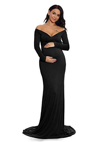 ZIUMUDY Maternity Off Shoulder Photo Shoot Photography Dress Solid Color Baby Shower Dress | Amazon (US)