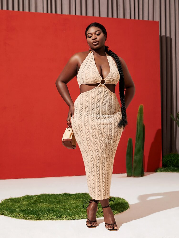 SHEIN SXY Plus O-ring Ruched Cutout Cable Knit Bodycon Dress | SHEIN