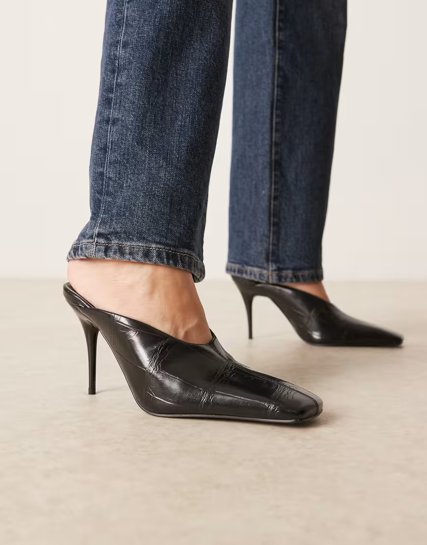 ASOS DESIGN Pablo ultimate square toe high heel mules in black croc | ASOS (Global)