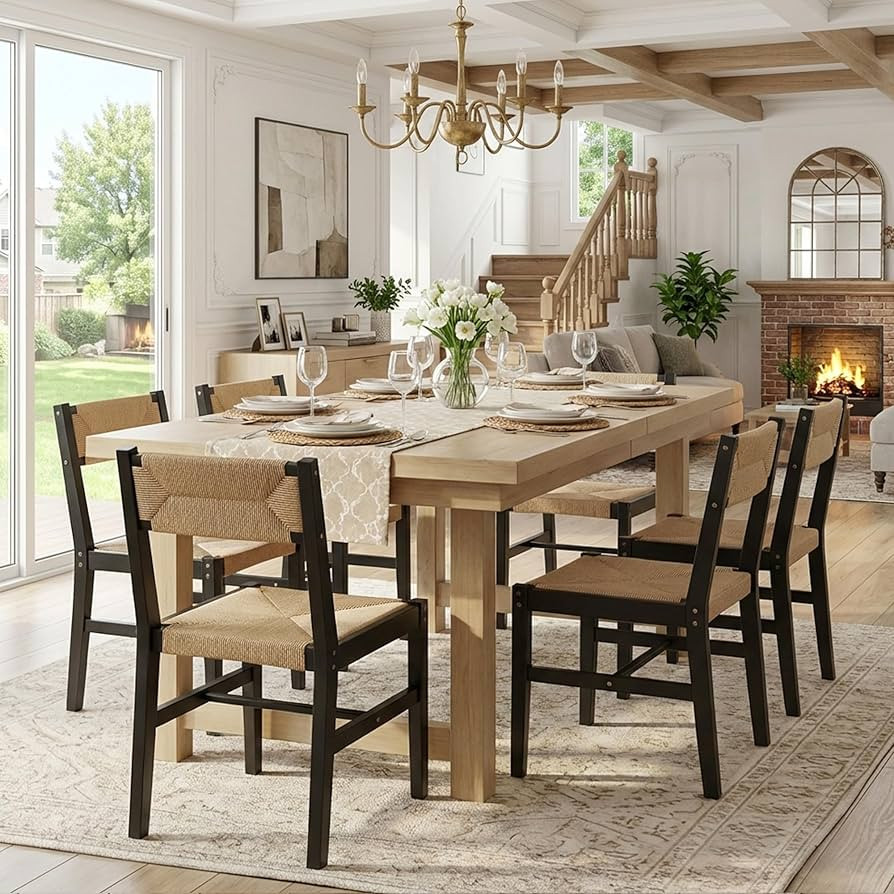 Mid Century Modern Rattan Dining Chairs Set of 6 Black Beechwood Kitchen Chairs Farmhouse Woven D... | Amazon (US)