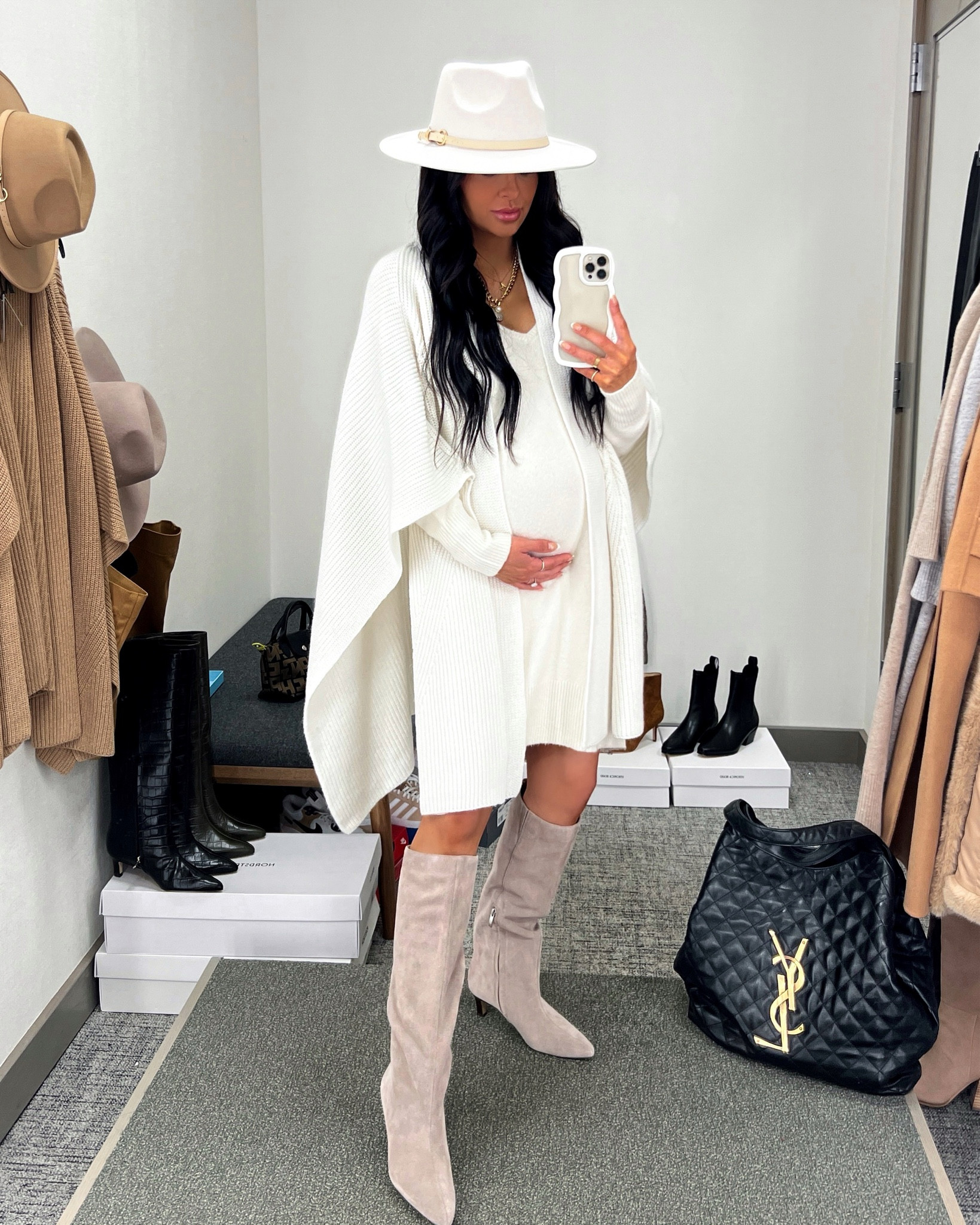 Nordstrom anniversary sale outfit / NSALE style picks
AllSaints white poncho / ruana 
Treasure & bond white sweater dress
Nordstrom gray knee high boots 
Nordstrom wool hat