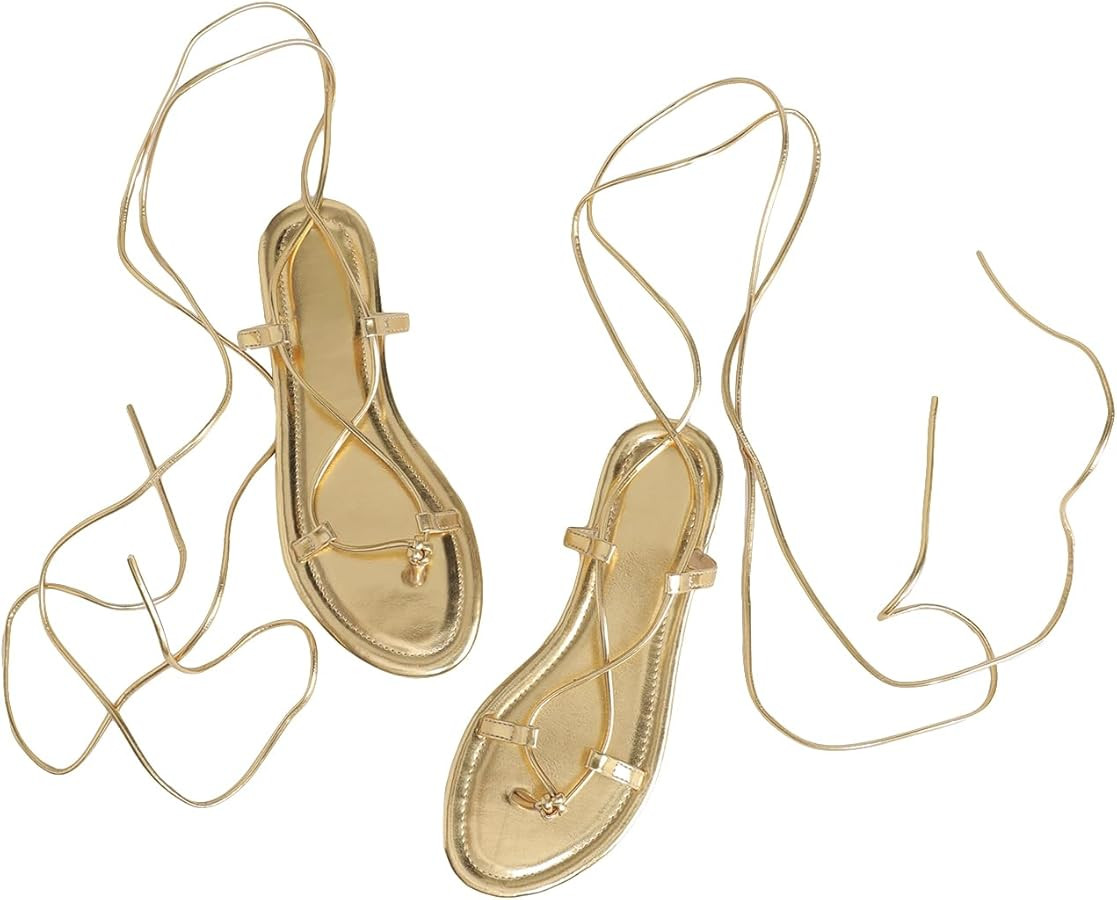 GORGLITTER Women's Lace Up Flat Sandals Dressy Strappy Gladiator Sandals Pointed Toe Thong Sandal... | Amazon (US)