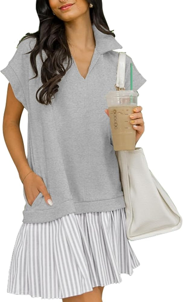 Women's V Neck Short Sleeve Summer Dress Patchwork Cap Sleeve Casual Loose Fit Pleated Striped Sh... | Amazon (US)