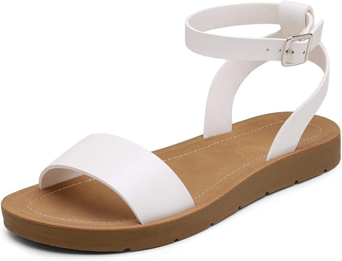 DREAM PAIRS Women’s One Band Ankle Strap Buckle Flat Sandals | Amazon (US)
