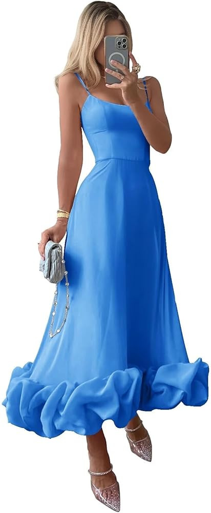 Midi Satin Prom Dresses for Women 2025 Tea Length Flounce Ruffle Formal Evening Party Gowns | Amazon (US)