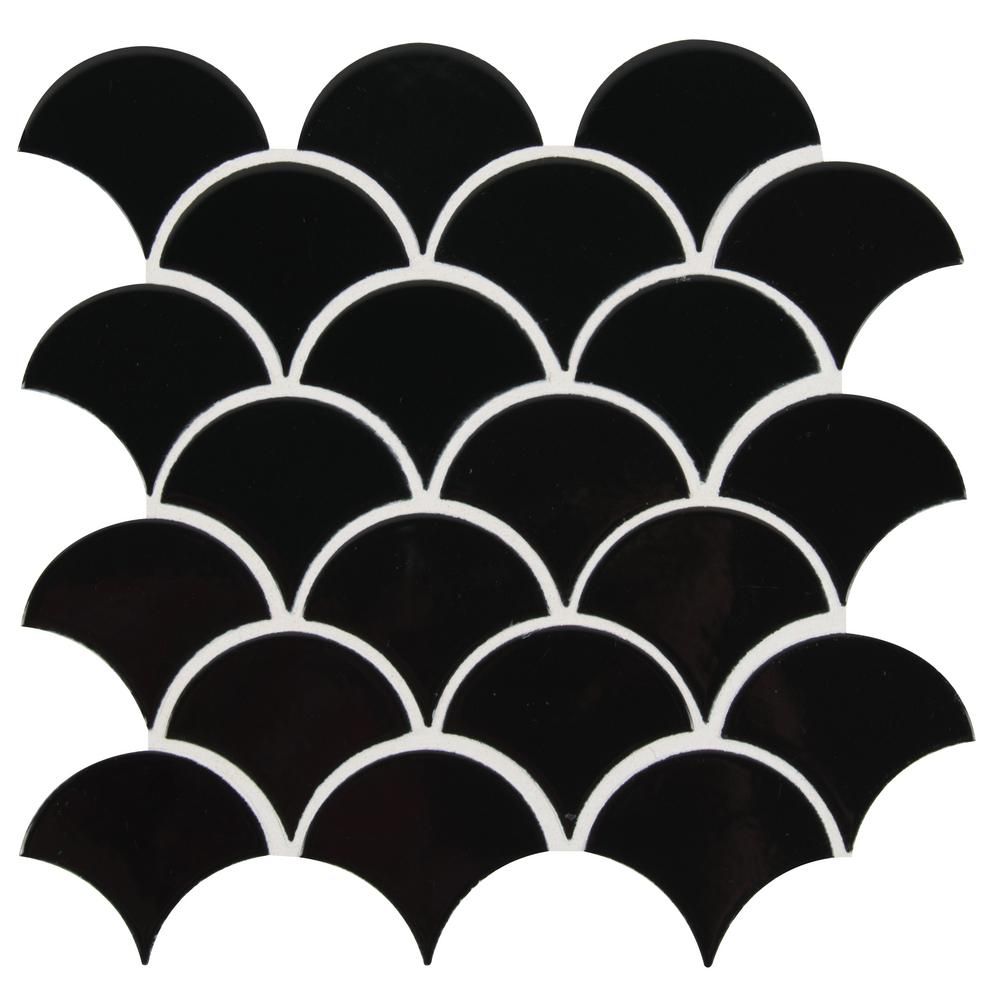 Retro Nero Scallop 13.11 in. x 9.96 in. x 8mm Glossy Porcelain Mesh-Mounted Mosaic Tile (9.1 sq. ... | The Home Depot