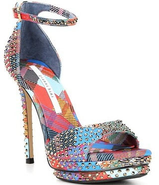 Gianni Bini Nessie Three Multicolored Plaid Rhinestone Platform Dress Sandals | Dillard's | Dillard's