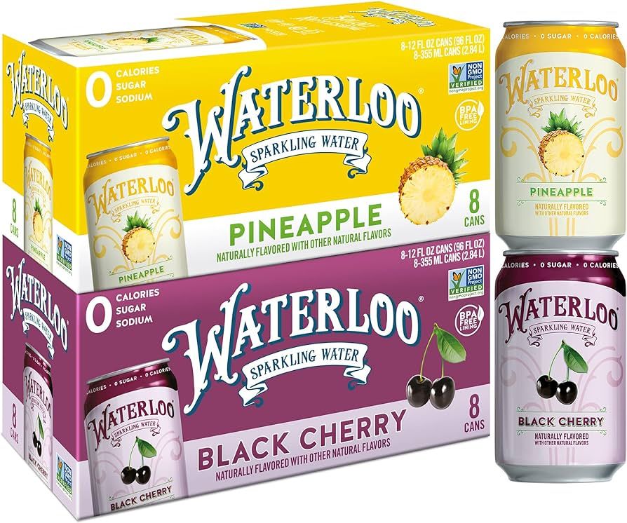 Waterloo Sparkling Water Two-Flavor Pack, 12 Fl Oz Cans, Pack of 16, 8 x Black Cherry, 8 x Pineap... | Amazon (US)